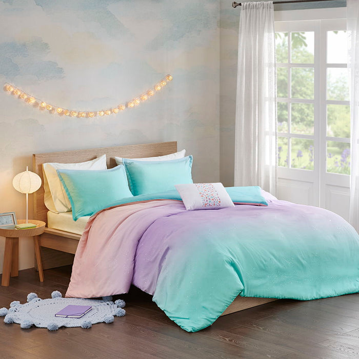 Glimmer - Metallic Glitter Printed Reversible Duvet Cover Set - Aqua - Simple Home Plus