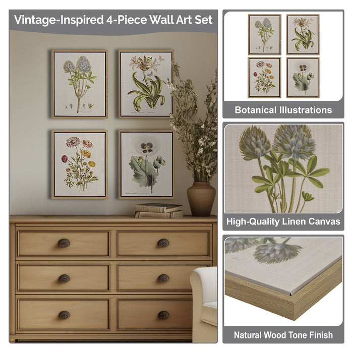 Herbal Botany - Framed Linen Canvas (Set of 4) - Green - Simple Home Plus
