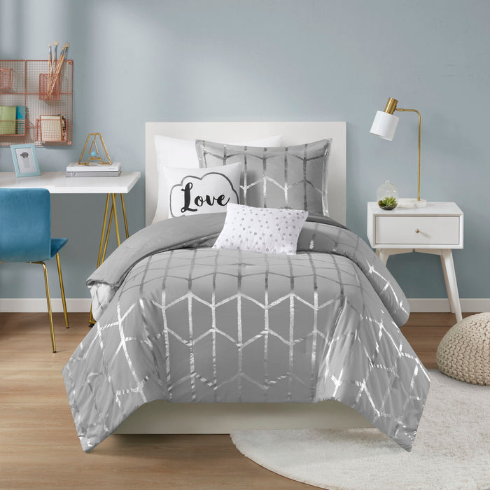 Raina - Brushed Microfiber Printed Comforter Set - Gray / Silver - Simple Home Plus