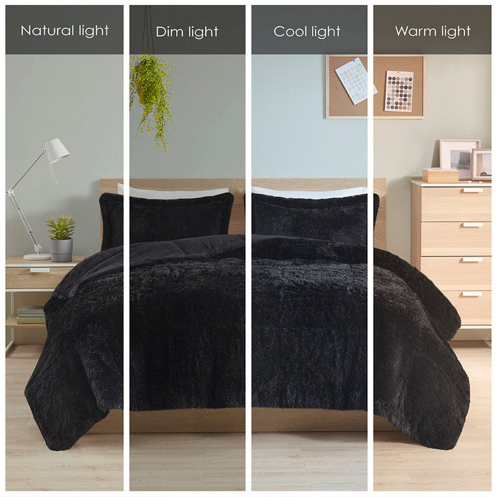 Malea - Shaggy Long Comforter Mini Set - Black - Simple Home Plus