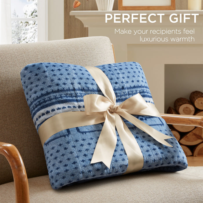Print Plush to Sherpa - Heated Throw - Blue Cozy Sheep