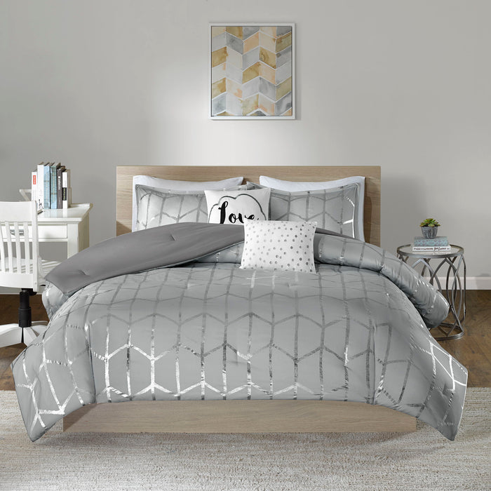 Raina - Brushed Microfiber Printed Comforter Set - Silver / Gray - Simple Home Plus