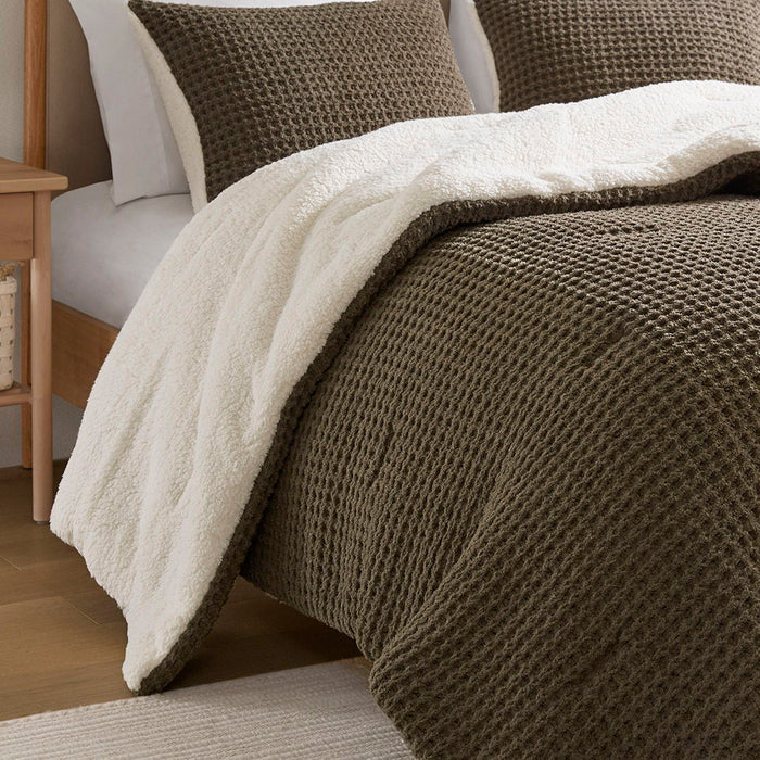 Riordan - 2 Piece Twin Waffle Knit Comforter Set - Brown - Simple Home Plus