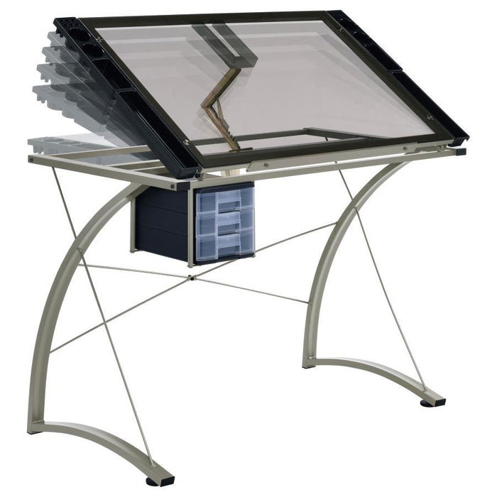 Melo - Glass Top Drafting Table With Storage - Silver - Simple Home Plus