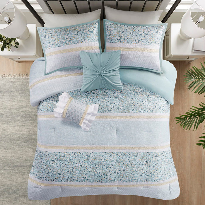 Caralie - 5 Piece Seersucker Comforter Set With Throw Pillows - Aqua
