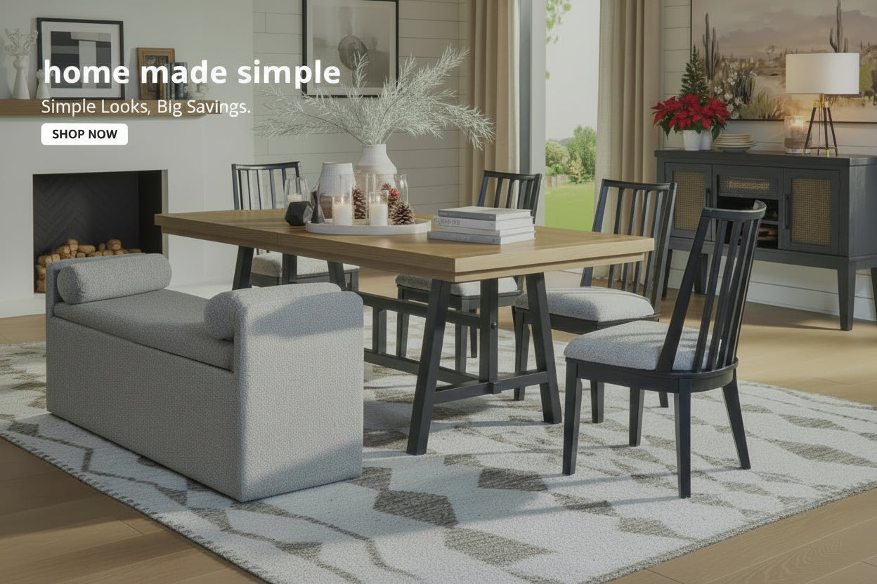 Dining room with wooden table, chairs, and a gray bench in a home setting.