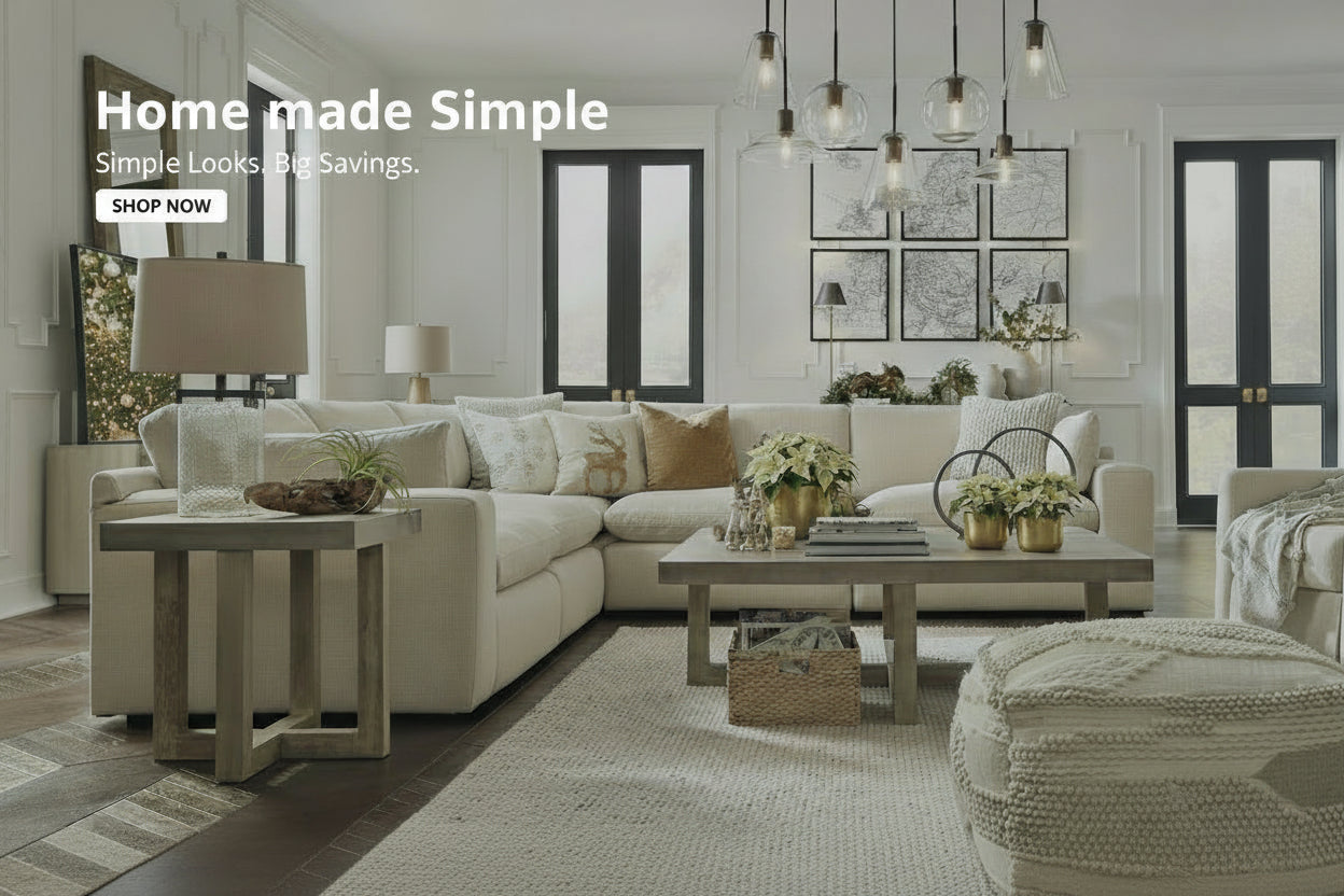 Living room with beige sectional sofa, coffee table, and decorative items. Ad text 'stars, stripes & style' and 'SHOP NOW' displayed.