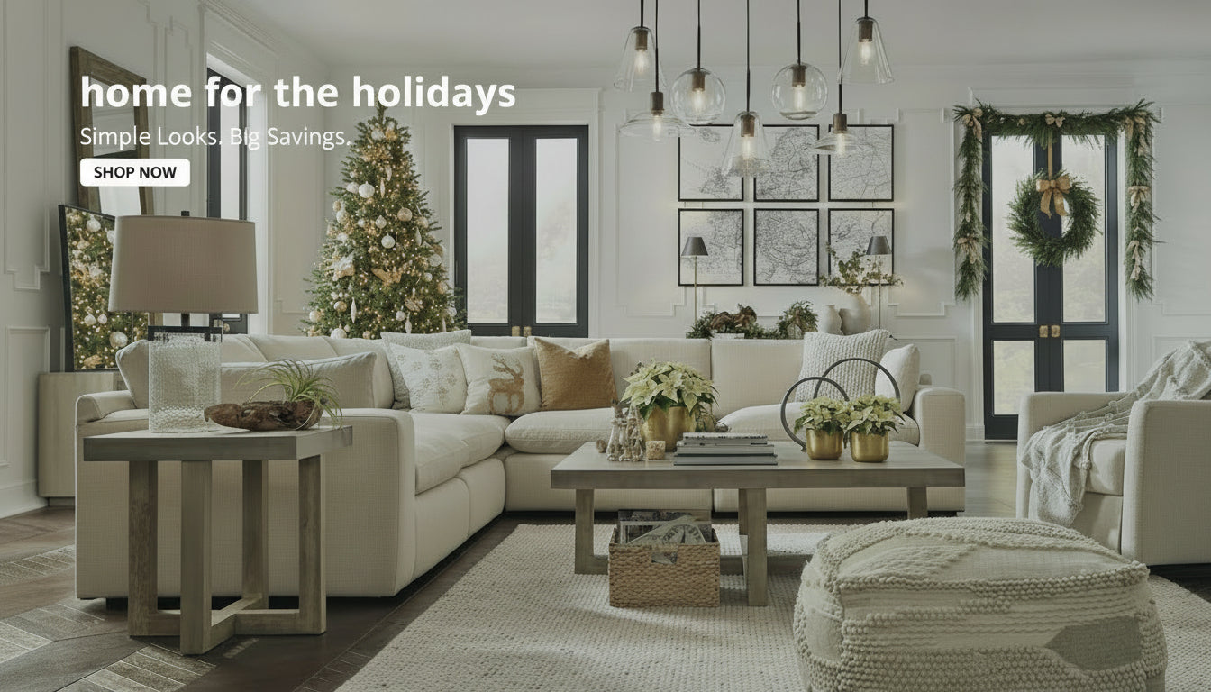 Living room with beige sectional sofa, coffee table, and decorative items. Ad text 'stars, stripes & style' and 'SHOP NOW' displayed.