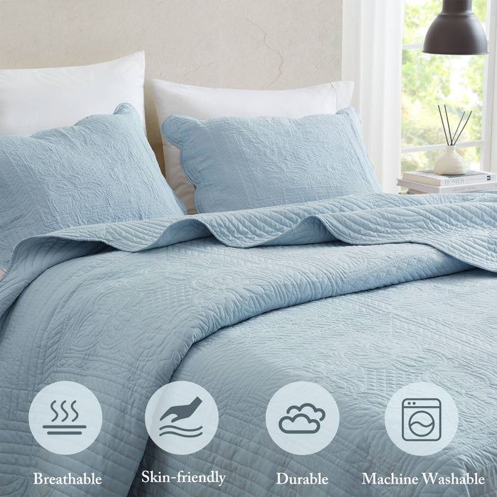 Tuscany - 3 Piece Full Reversible Scalloped Edge Quilt Set - Blue - Simple Home Plus