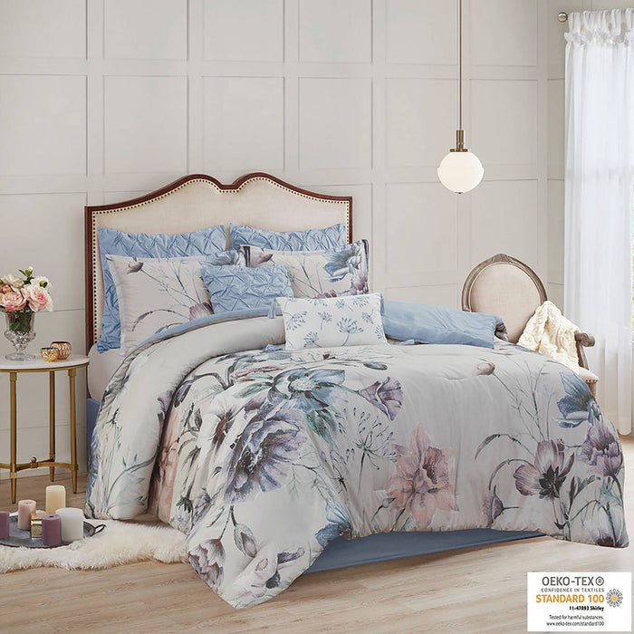 Cassandra - Queen 8 Piece Printed Comforter Set - Blue - Simple Home Plus