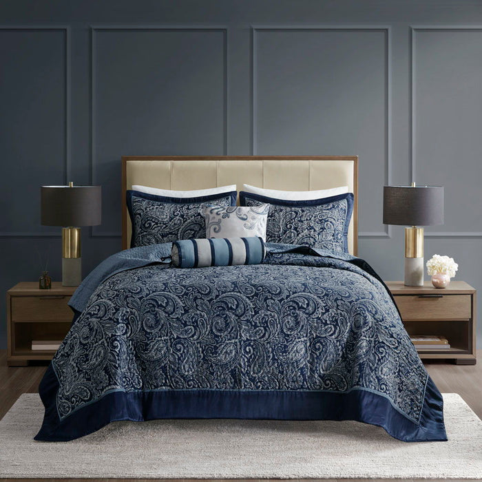 Aubrey - 5 Piece Jacquard Bedspread Set With Throw Pillows - Blue