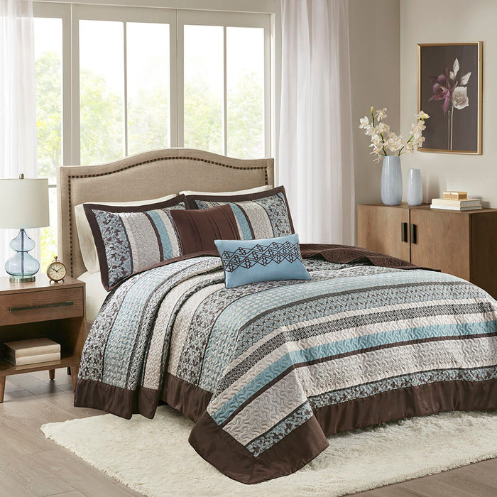 Princeton - 5 Piece Reversible Jacquard Bedspread Set - Light Blue - Simple Home Plus