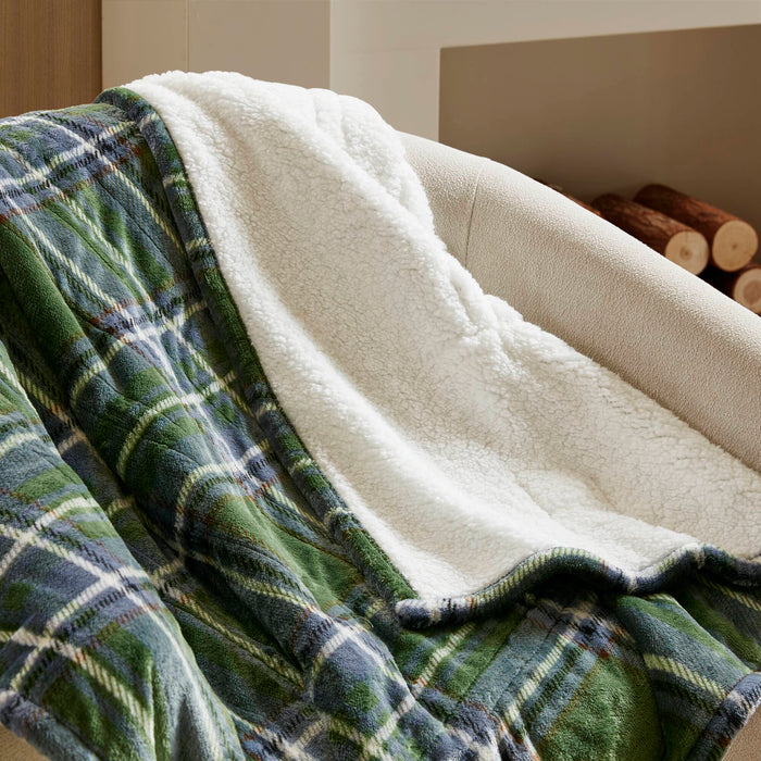 Print Plush To Sherpa - 50X60" Heated Throw - Green Plaid - Simple Home Plus