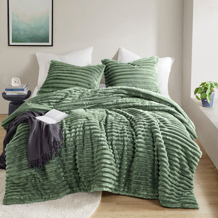 Avril - Twin/Twin Long Fluffy Ribbed Plush Comforter Set - Green - Simple Home Plus
