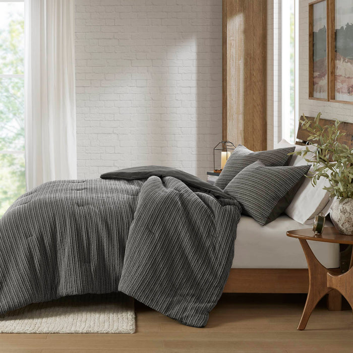 Lyon - 3 Piece Full/Queen Waffle Washed Comforter Set - Charcoal - Simple Home Plus