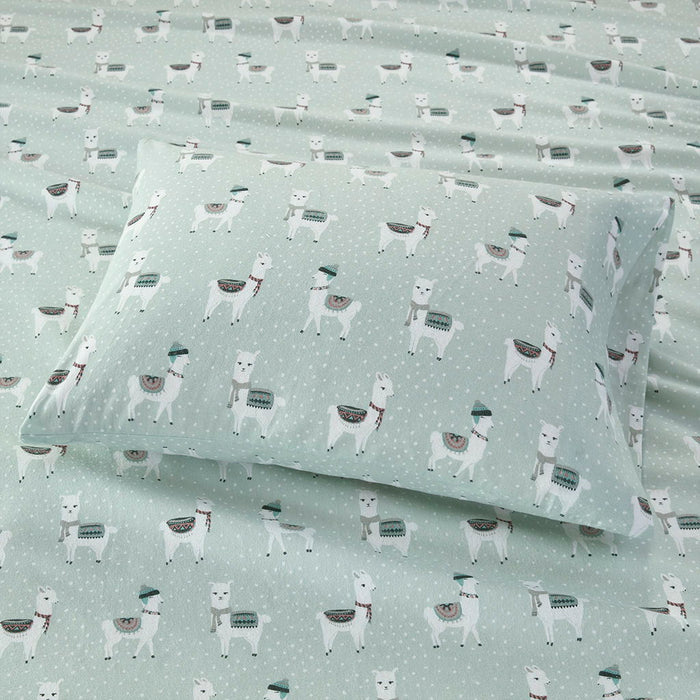 Cozy Flannel - Twin Long Printed Sheet Set - Seafoam Llama