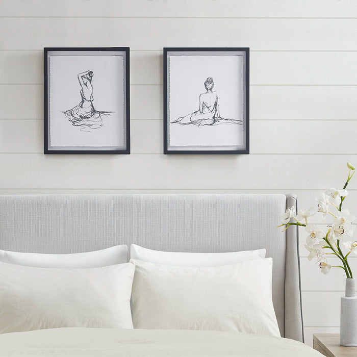 Feminine Figures - Deckle Edge Sketch Framed Wall Art (Set of 2) - Black / White - Simple Home Plus