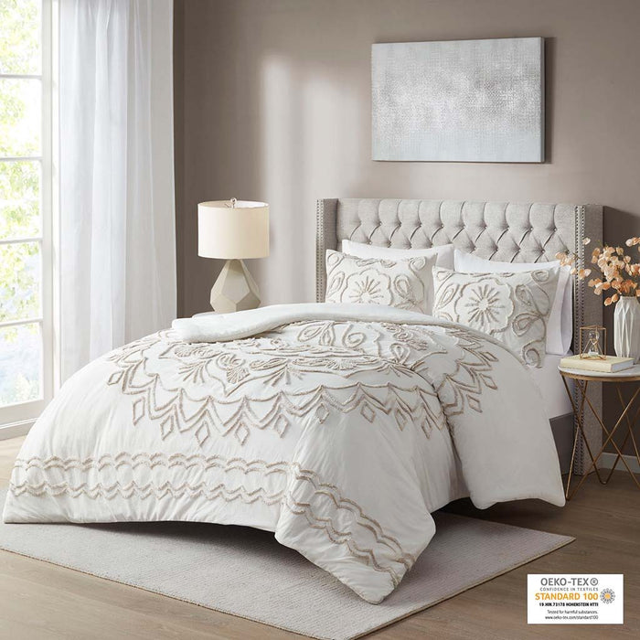 Violette - King 3 Piece Tufted Comforter Set - Ivory / Taupe - Simple Home Plus