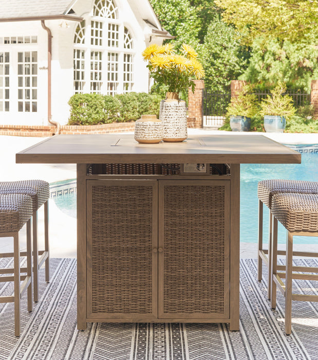 Walton Bridge - 5 Pc. - Square Bar Table W/Fire Pit, 4 Barstools - Driftwood - Simple Home Plus