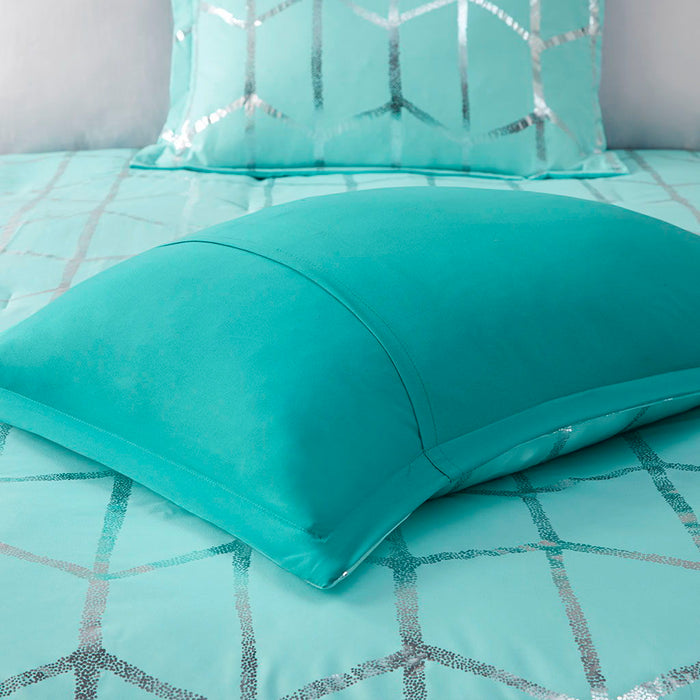 Raina - Twin Metallic Printed Comforter Set - Aqua / Silver - Simple Home Plus