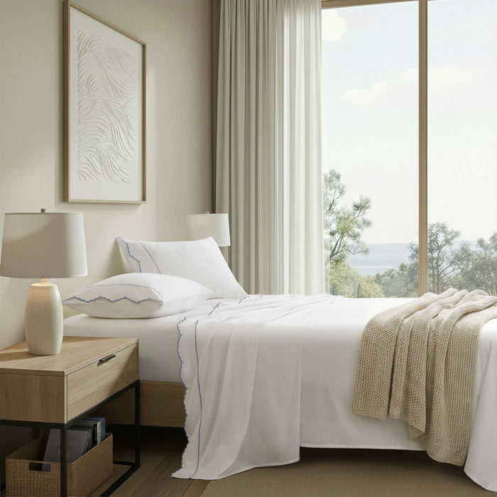 Brielle Scalloped Edge - 4 Piece California King Cotton Sheet Set - Blue / White