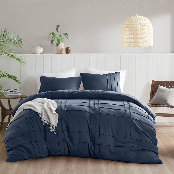Porter - Full Soft Washed Pleated Duvet Cover Set - Navy - Simple Home Plus