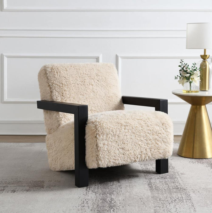Fitzroy - Faux Fur Upholstered Chair Solid Wood Arms - Latte - Simple Home Plus