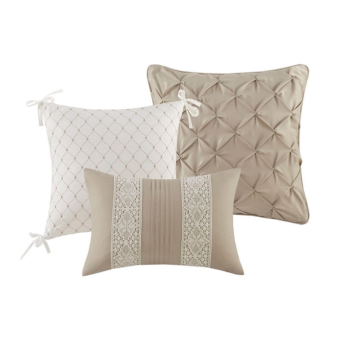 Lacey - 7 Piece Lace Trim Comforter Set With Throw Pillows - Beige - Simple Home Plus
