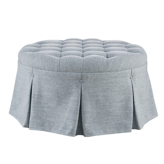 Terri - Skirted Tufted 32" Round Ottoman - Light Blue - Simple Home Plus
