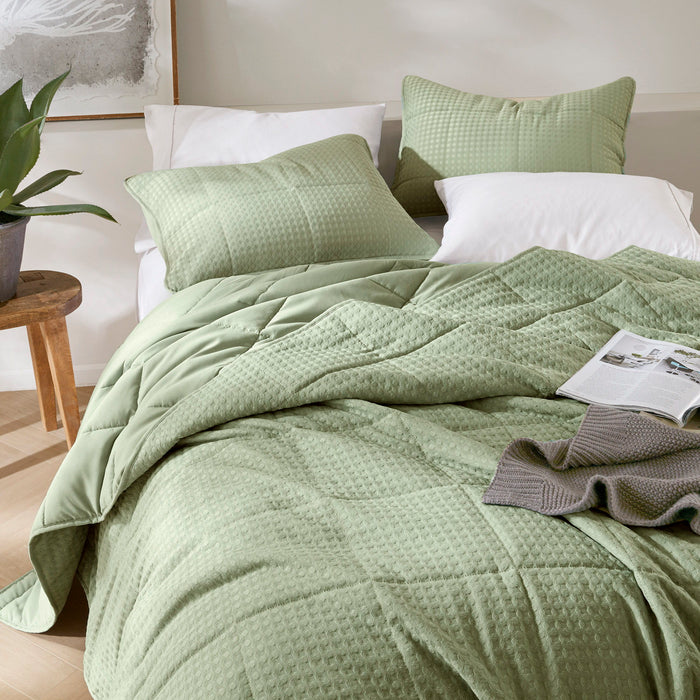 Mina - Full/Queen Waffle Weave Textured Quilt Set - Green - Simple Home Plus