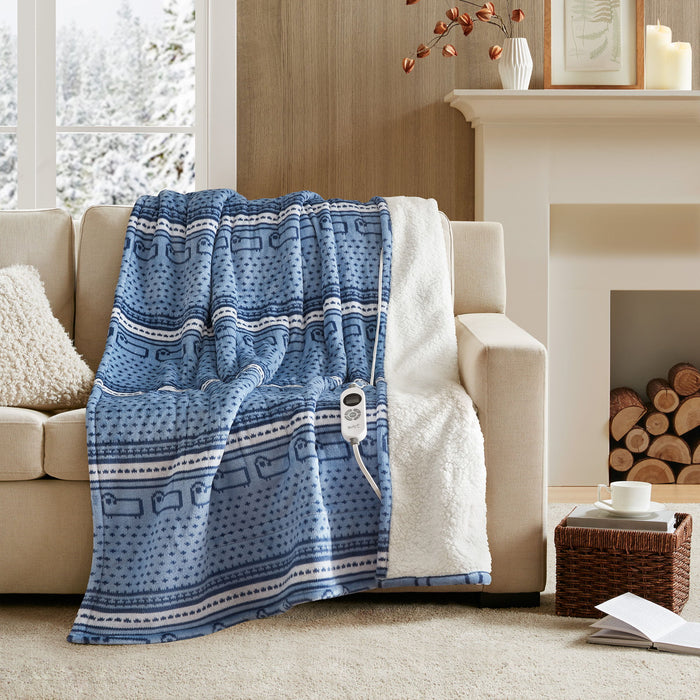 Print Plush to Sherpa - Heated Throw - Blue Cozy Sheep