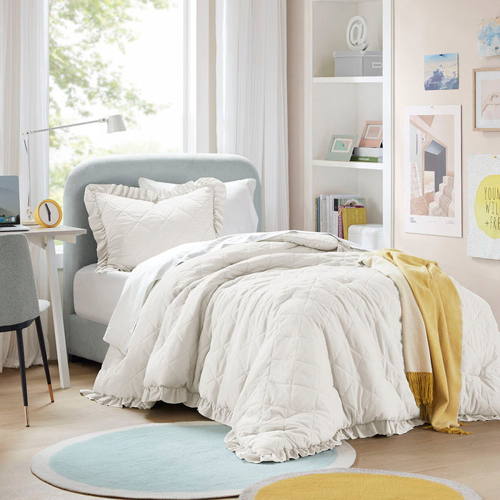 Phoebe - Twin/Twin Long Diamond Quilted Ruffle Edge Comforter Set - Ivory - Simple Home Plus