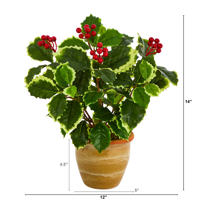 14" Variegated Holly Leaf Plant in Planter (Real Touch)