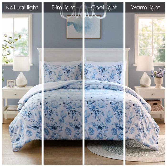 Christa - Floral Striped Duvet Cover Set - Blue - Simple Home Plus