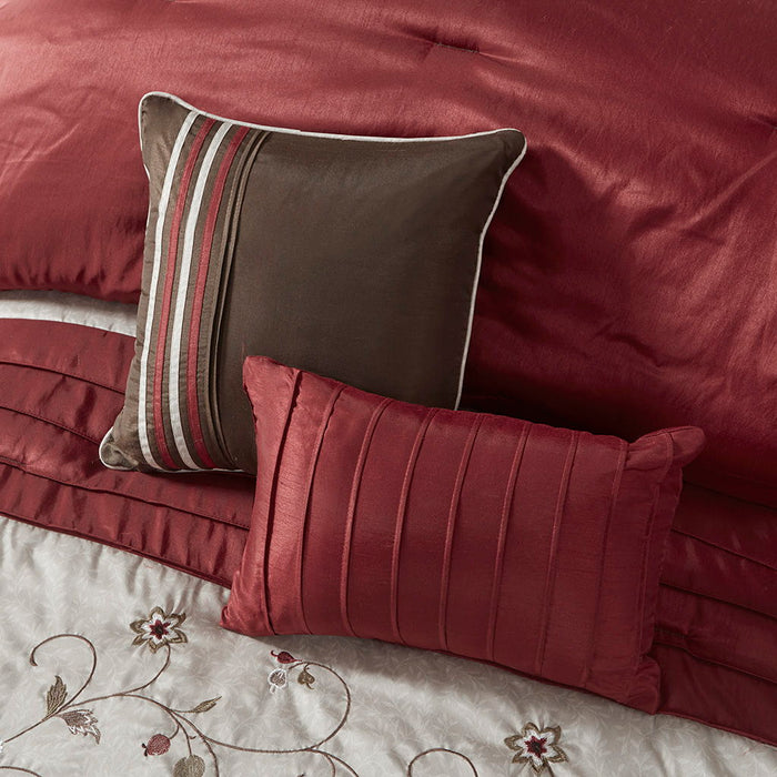Serene - Queen Embroidered Piece Comforter (Set of 7) - Red - Simple Home Plus