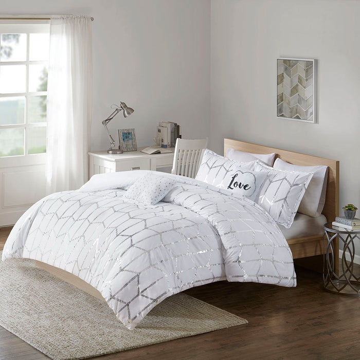 Raina - Metallic Printed Comforter Set - White / Silver - Simple Home Plus