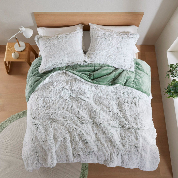 Malea - 3 Piece King/California King Shaggy Comforter Mini Set - Green/White - Simple Home Plus