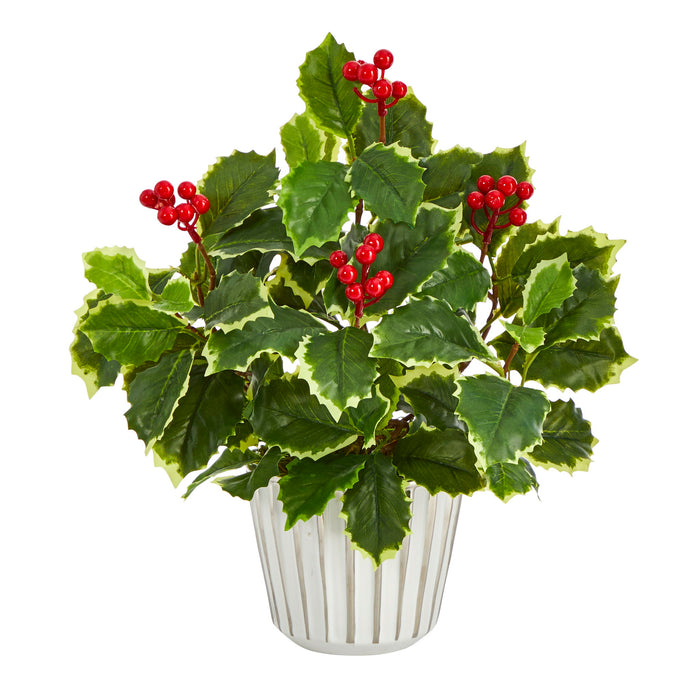 13" Holly Leaf Plant in Planter with Trimming (Real Touch)