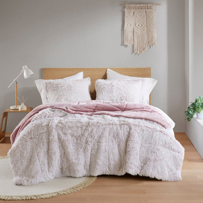 Malea - 2 Piece Twin/Twin Long Shaggy Comforter Mini Set - Pink/White - Simple Home Plus