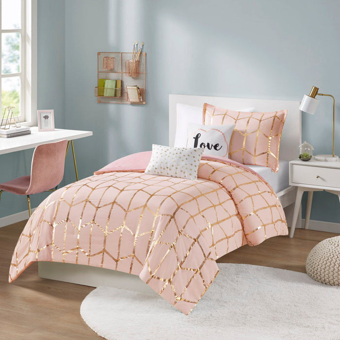 Raina - Twin Metallic Printed Comforter Set - Blush / Gold - Simple Home Plus