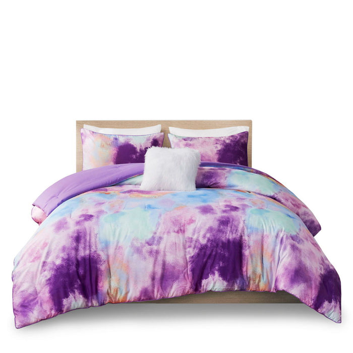 Cassiopeia - Twin Watercolor Tie Dye Printed Comforter Set With Throw Pillow - Lavender - Simple Home Plus