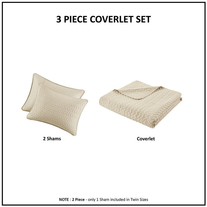 Velvet Touch - Queen 3 Piece Luxurious Oversized Quilted Coverlet Set - Linen