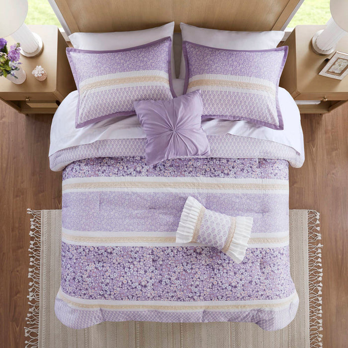 Caralie - 5 Piece Seersucker Comforter Set With Throw Pillows - Purple - Simple Home Plus