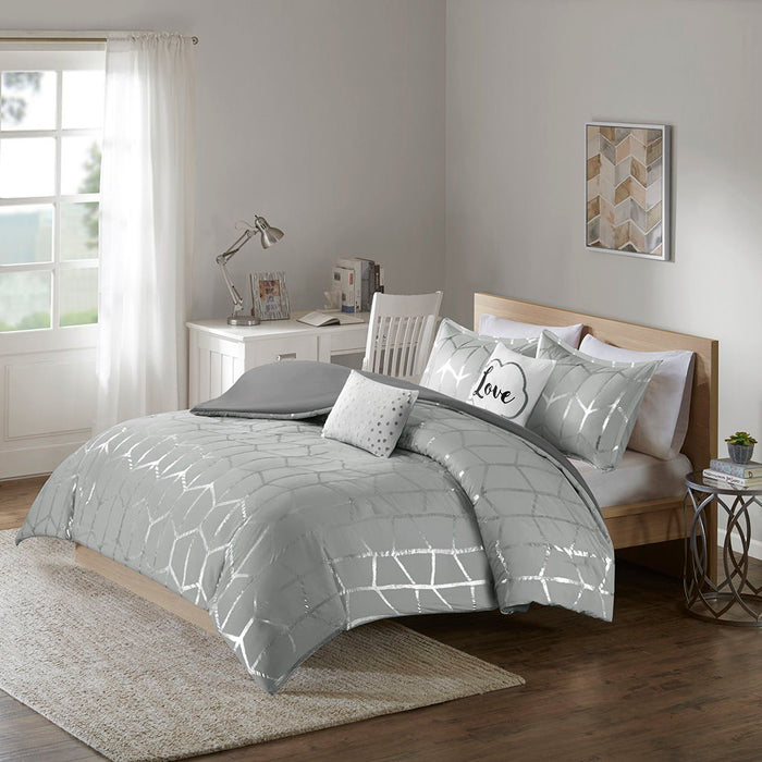 Raina - Twin Metallic Printed Duvet Cover Set - Gray / Silver - Simple Home Plus