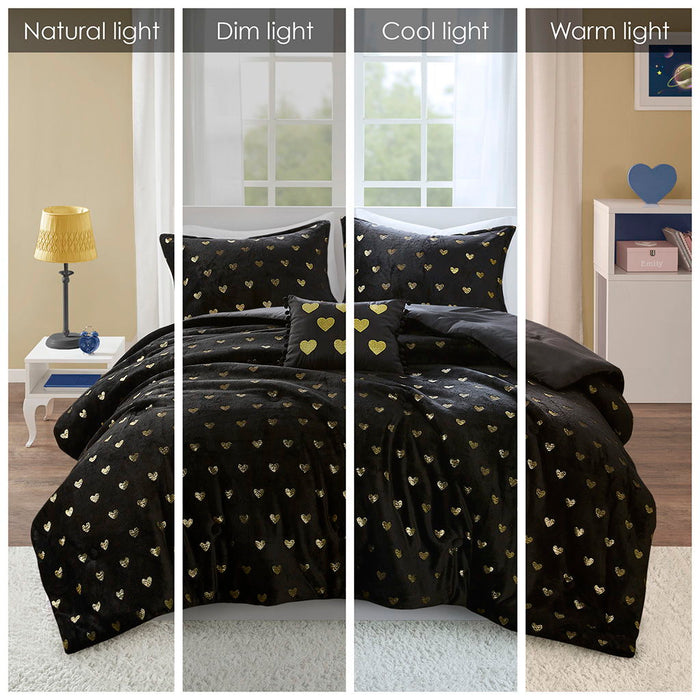 Rosalie - 4 Piece Full/Queen Metallic Printed Plush Comforter Set With Throw Pillow - Black/Gold - Simple Home Plus