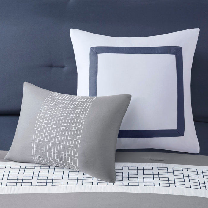 Powell - California King Embroidered Comforter (Set of 8) - Navy - Simple Home Plus