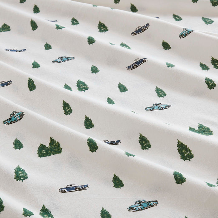 Flannel - 4 Piece Full Sheet Set - Green Trees & Trucks - Simple Home Plus