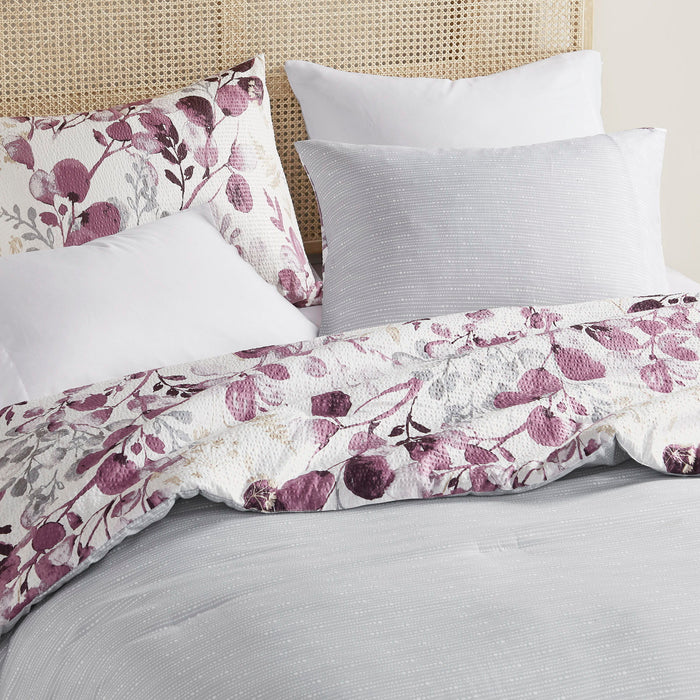 Gabby - Twin/Twin Long Reversible Floral Botanical Seersucker Comforter Set - Plum/Gray - Simple Home Plus