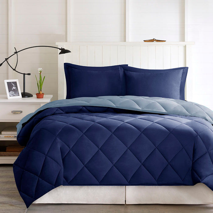 Larkspur - 3M Scotchgard Diamond Quilting Reversible Down Alternative Comforter Set - Navy / Light Blue - Simple Home Plus