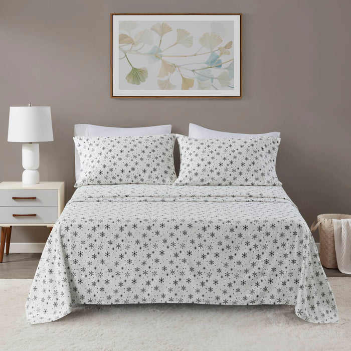 Cozy Cotton Flannel - Twin Long Printed Sheet Set - Black Snowflakes